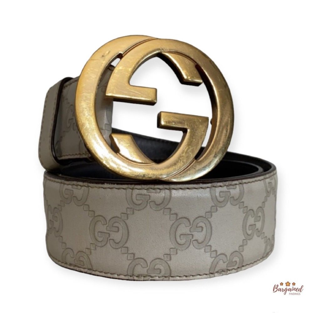 Authentic Gucci Cream Guccissima Leather Gold Interlocking G Buckle Belt 80/32